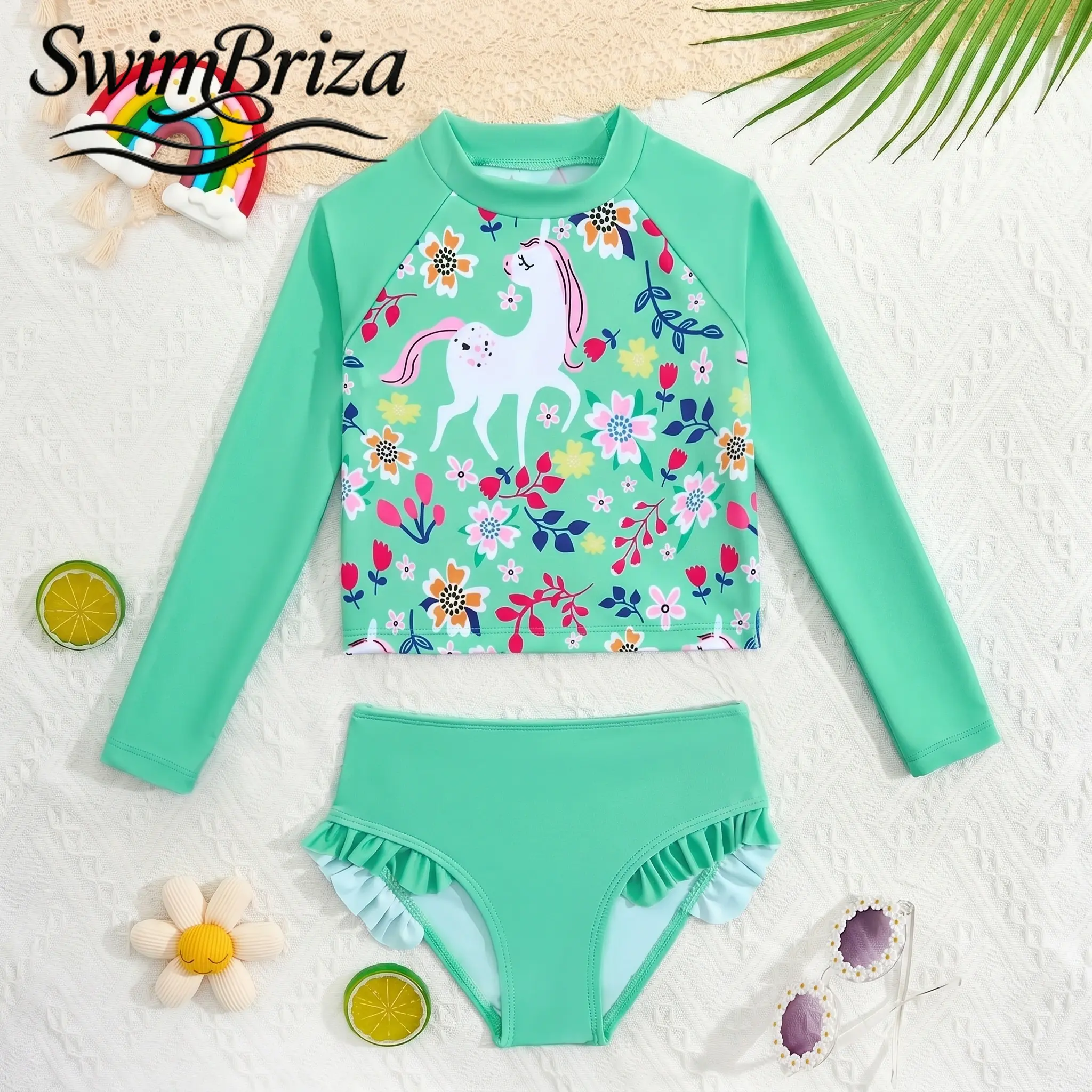 Briza｜Girls Two Piece Tankini Swimsuit Set Mint Unicorn Floral Print Rash Guard Swim Shirt with Ruffle Bottoms Bathing Suit Beachwear for Pool Summer Vacation, Girls Swimwear, Kids Bathing Suit, Two Piece Bathing Suit, Ruffle Style