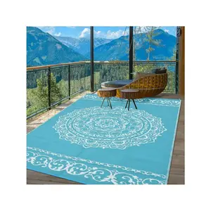 Light blue-9*12 feet  Outdoor Camping Portable Area Rug Patios  Plastic Straw Rug  With Durable Edge Waterproof Reversible Mats Large Floor Mat For RV Trip Backyard Deck Picnic Beach Trailer Balcony