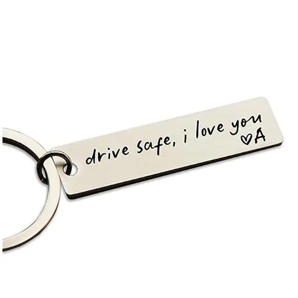 Engraved Metal Stainless Steel Inspirational "Drive Safe I Love You" Customizable Keychain - 1/2"x2" Compact Practical Double Ring, A-Z Letters Handmade Gift for Boyfriend, Casual Sleek Fashion Accessory