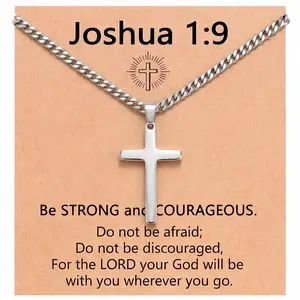 Men’s Cross Necklace with Bible Verse Card, 316L Stainless Steel Cuban Chain Christian Pendant Necklace for Men Women, Faith Gift Jewelry for Son Husband Boyfriend, Joshua 1:9 or Philippians 4:13 Card