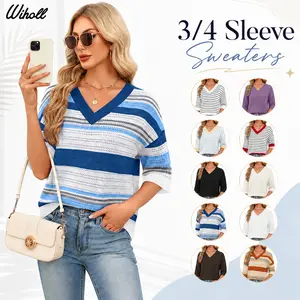 WIHOLL Oversized 3/4 Length Sleeve Womens Sweaters V Neck Cute Crochet Blouses Trendy Spring Summer Fashion Outfits Knitwear