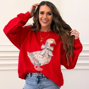 Faux Denim Goose Patchwork , DTF Print, Grandma core Goose, Trendy Easter, Floral Retro Coquette Duck, Cottage Core Gingham Patchwork, Spring Patchwork (NOT Real Fabric Patches) Sweatshirt