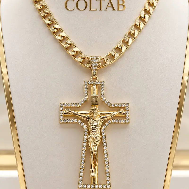 14K Gold-Laminated XL Cross Pendant & Cuban Chain Set, 4 in Pendant, 24 in Chain, Daily Everyday Fashion Costume Jewelry Charm