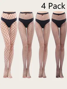 4 Pairs Women's Fishnet Stockings High-Waisted Hollow Out Design, Sexy Plain Pattern, Perfect for Daily Wear & Stylish Looks