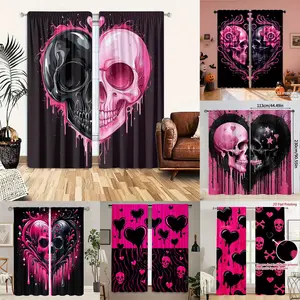 1 set of two pieces, 90g polyester, high-definition digital printing, black and pink heart-shaped skull rod pocket curtains, light filtering, washable, fade-resistant, suitable for artistic decoration in bedrooms, living rooms, offices, and homes