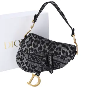 Pre-owned DIOR Jacquard Shoulder Bags Saddle Bag Gray Animal Print Classic Black Leopard Jacquard