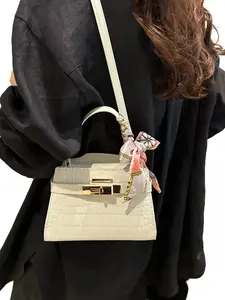 Elegant Crocodile Pattern Shoulder Bag, Silk Scarf Wrapped Handle Mini Shaped Bag, Versatile Fashion Daily Commute Dating Bag, Casual Shoulder Bag, Handbag Shoulder Purse