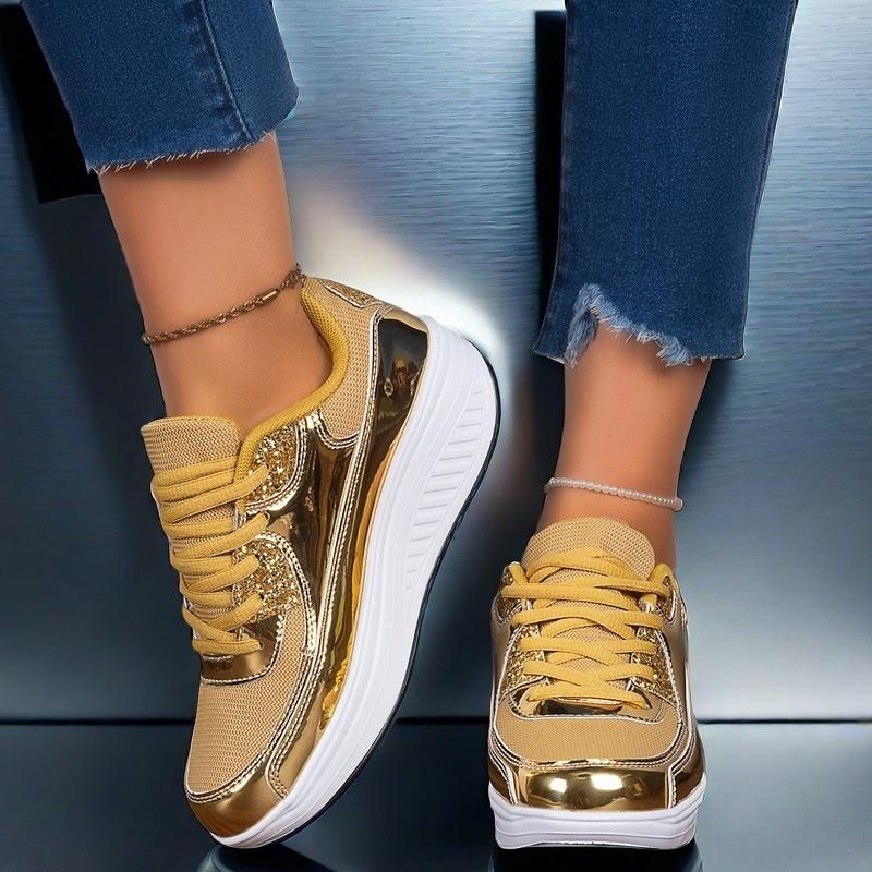Women's Glittery Golden & Yellow Sneakers - Lightweight, Breathable Mesh Upper, Comfortable EVA Sole for Walking, Running, Yoga & Casual Wear