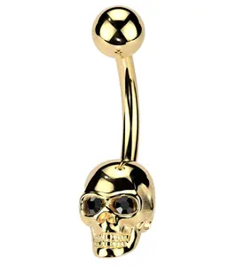 Gold PVD Skull Black CZ Stainless Steel Belly Button Ring