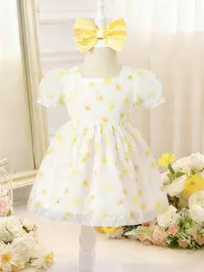 Baby Girl Summer Elegant Princess Dress, Floral Mesh Puffy Dress with Bow Headband, Cute Party Gown for Important Occasions