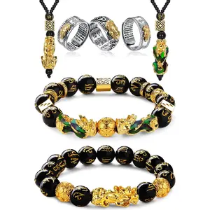 MILACOLATO 7 Pieces Feng Shui Bracelet Necklace Ring Set for Women Men Feng Shui Pi Xiu Mantra Ring Good Luck Black Obsidian Bracelet Adjustable Feng Shui wealth Necklaces Jewelry