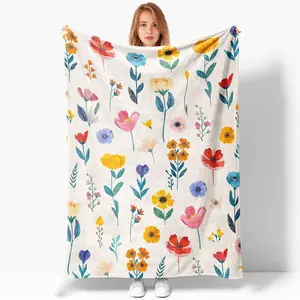 Colorful Floral Print Throw Blanket, Colorful Wildflower Flower Pattern, Soft and Cozy Flannel Blanket for Home, Bed, Sofa, Ottoman, Chair or Dorm (Wildflowers)