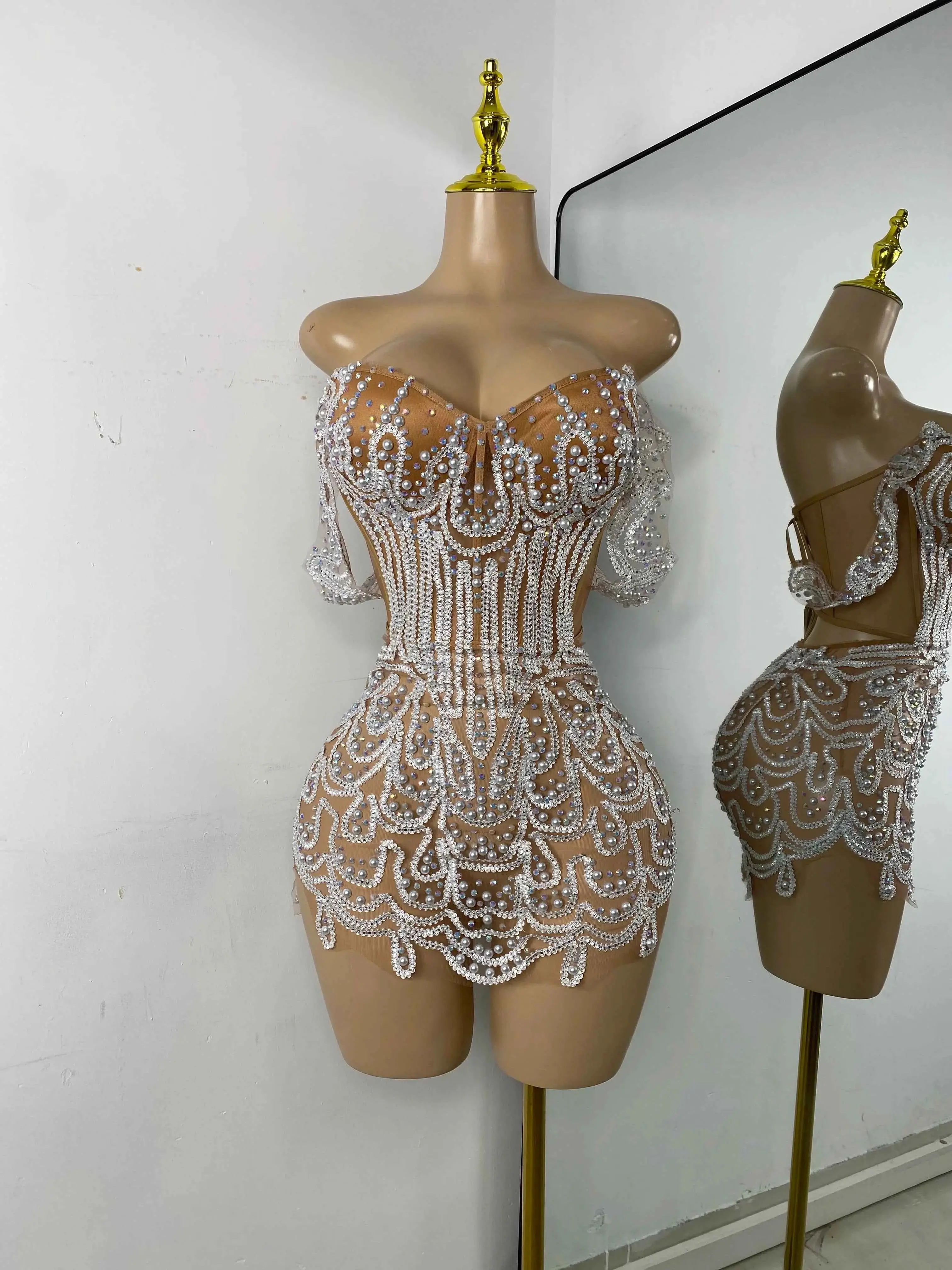 Women's Claren Luxury Pearl, Sparkly Rhinestone Off-Shoulder Sheer Mesh Bodycon Mini Dress - Chic Style for Nightclub, Birthday Events, Cocktail, Fabric, Elegant, Evening, Formal, Statement, Birthday Dress, Elegant Dresses