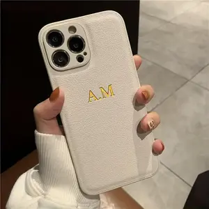 Personalized Phone Case for iPhone 16 15 14 13 12 11 Pro Max 16 15 14 Plus Customized Name Initials Letters 3D Embossed Engraved Golden Hot stamping Process Luxury INS Korea Litchi Pattern Faux Leather Case for iPhone 16 15 14 13 12 11 Pro Max Gifts