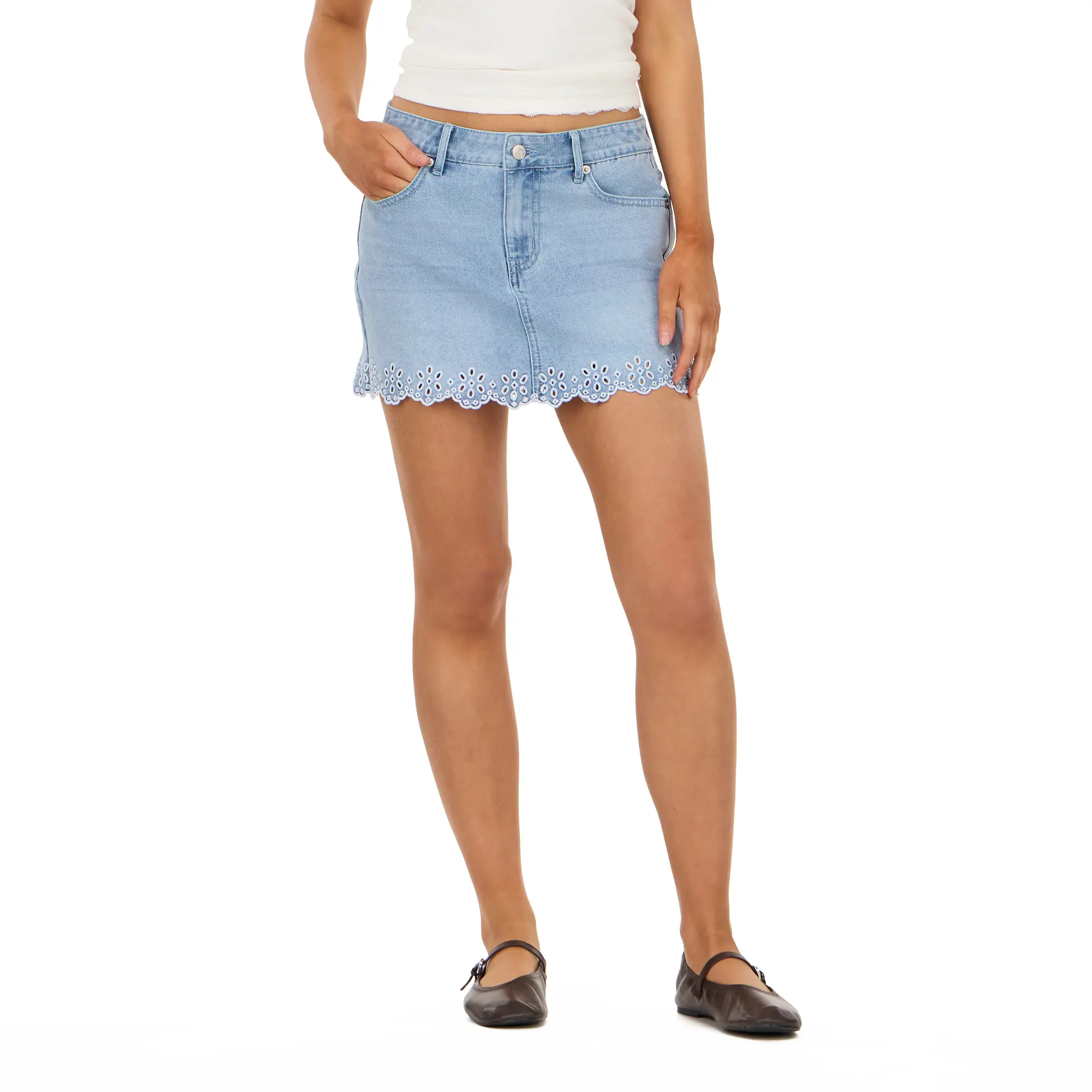 Forever 21 Women's Light Wash Denim Mini Skort with Embroidered Scalloped Hem and Eyelet Trim, Crop, Skirt, Pockets, Fitted, Bottoms, Denim Fabric, Mini Silhouette, Casual