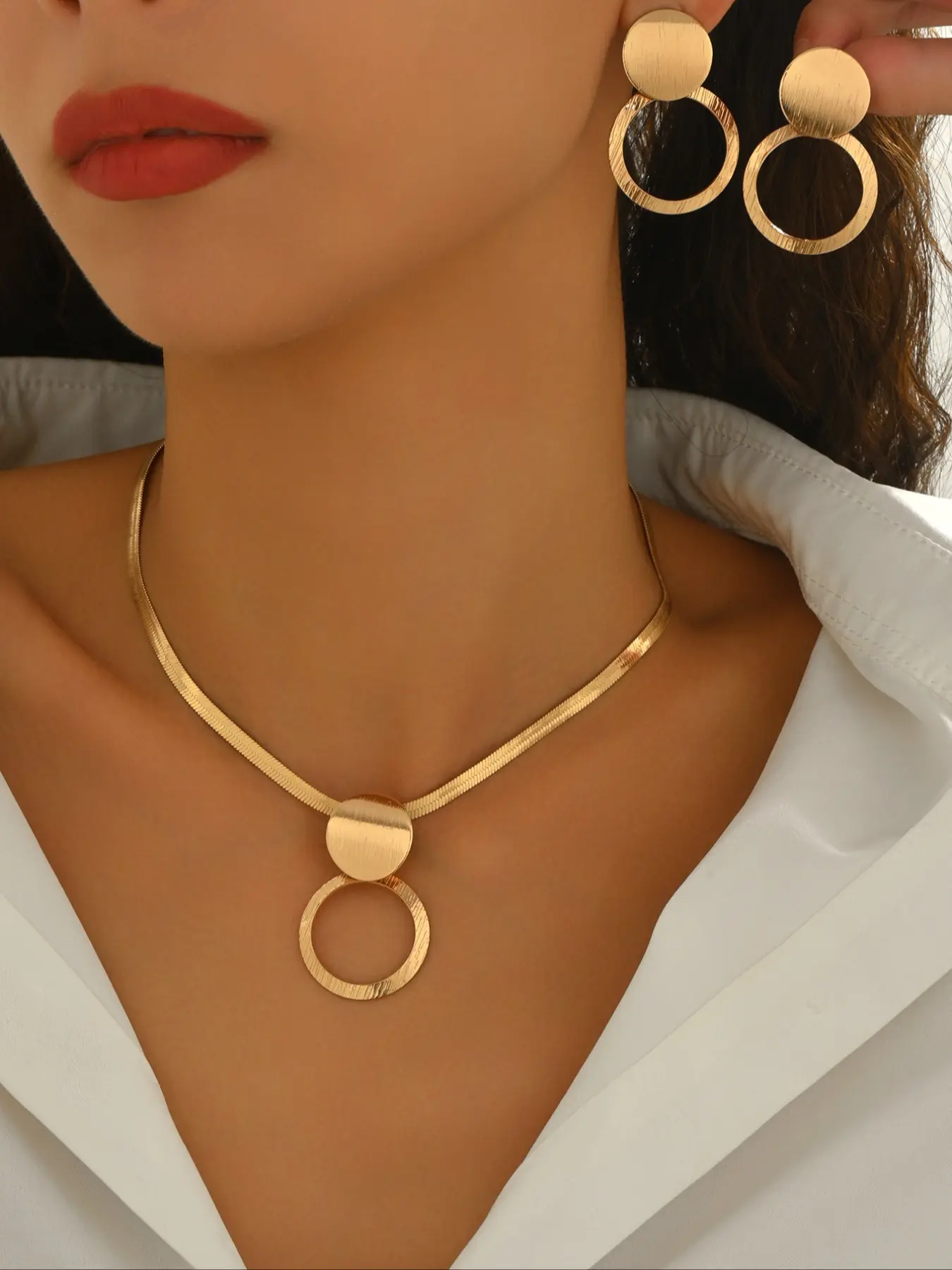 Elegant Geometric Pendant Necklace Earrings Set, Necklace And Earring Set, Fashionable Iron Chain Design, All Season Casual Style Jewelry for Women, Trendy Jewelry Set