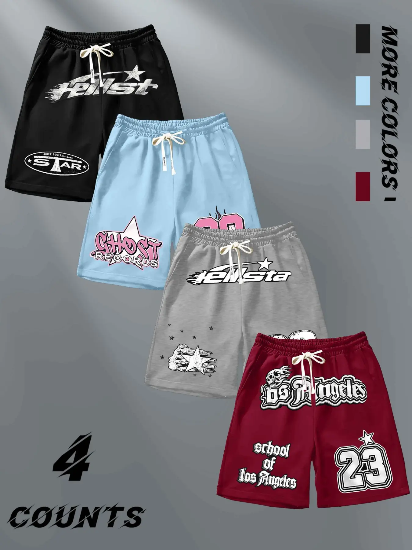 4-Pack Men's Retro Vintage Streetwear Graphic Fitness Shorts, Athleisure Shorts, Activewear, Urban Graffiti Style, Soft Breathable Fabric, Ideal for Street Fashion & Casual Fans, Daily Leisure, Outdoor Activities