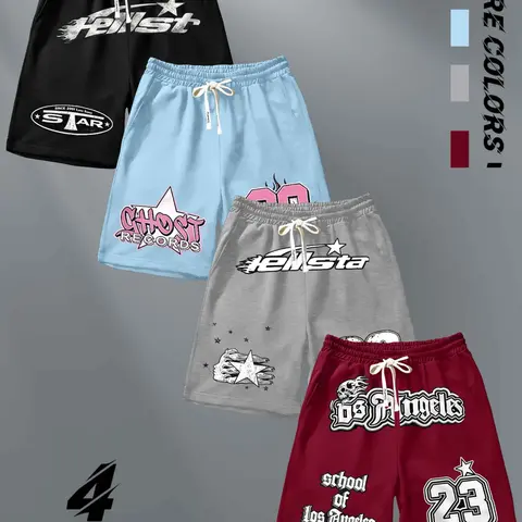 4-Pack Men's Retro Vintage Streetwear Graphic Fitness Shorts, Athleisure Shorts, Activewear, Urban Graffiti Style, Soft Breathable Fabric, Ideal for Street Fashion & Casual Fans, Daily Leisure, Outdoor Activities, Sports Drawstring Shorts
