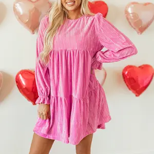 Asvivid Women's Pink Flounce Sleeve Tiered Ruffled Velvet Mini Dress with Pockets Casual Womenswear Everyday Elegant Valentine's Day Dresses