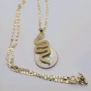 Pendant Snake Clear Stone Green Eyes Delicated 3mm Chain 24 Inches Laminated Gold Necklace.