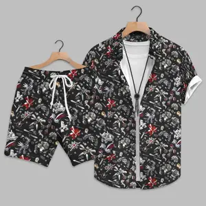 Menswear 2-Piece Men's Summer Beach Set - Breathable Black Hawaiian Short-Sleeve Cartoon Graphic Shirt with Casual Vacation Shorts