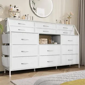 55-Inch Wooden Top TV Stand with 14 Foldable Fabric Drawers, Metal Frame Stability, Spacious Storage Chest, Open Shelves, Anti-Tip Safety Design for Bedroom, Living Room