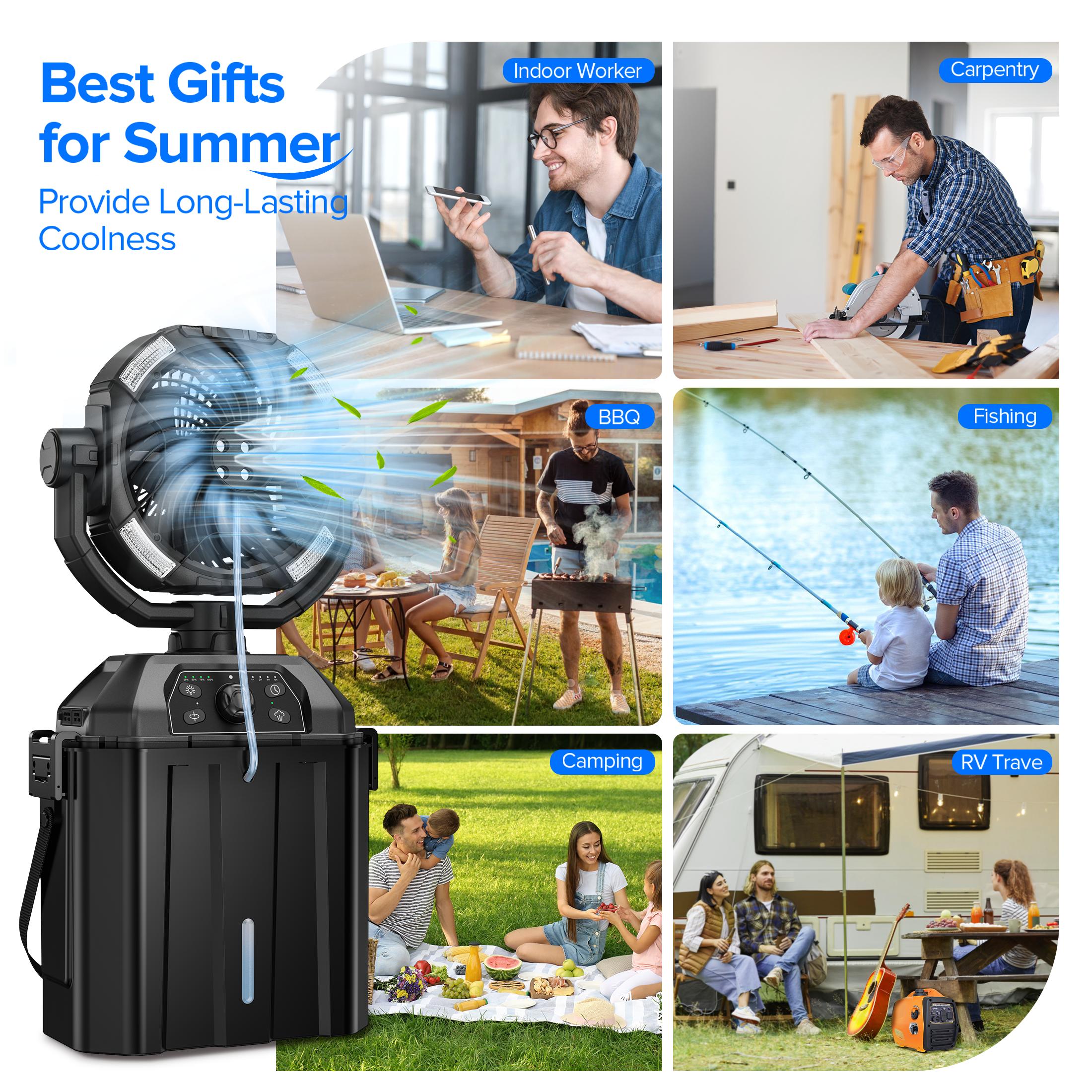 YoungSa Portable Camping Misting Fan with 6L Bucket 32000mAh Rechargeable Multifunction Fan,Infinitely variable speed,4 Spray Mister with LED Lantern,Remote & Hook for Patios,Fishing,Travel,Garden Party,Golf,Outside