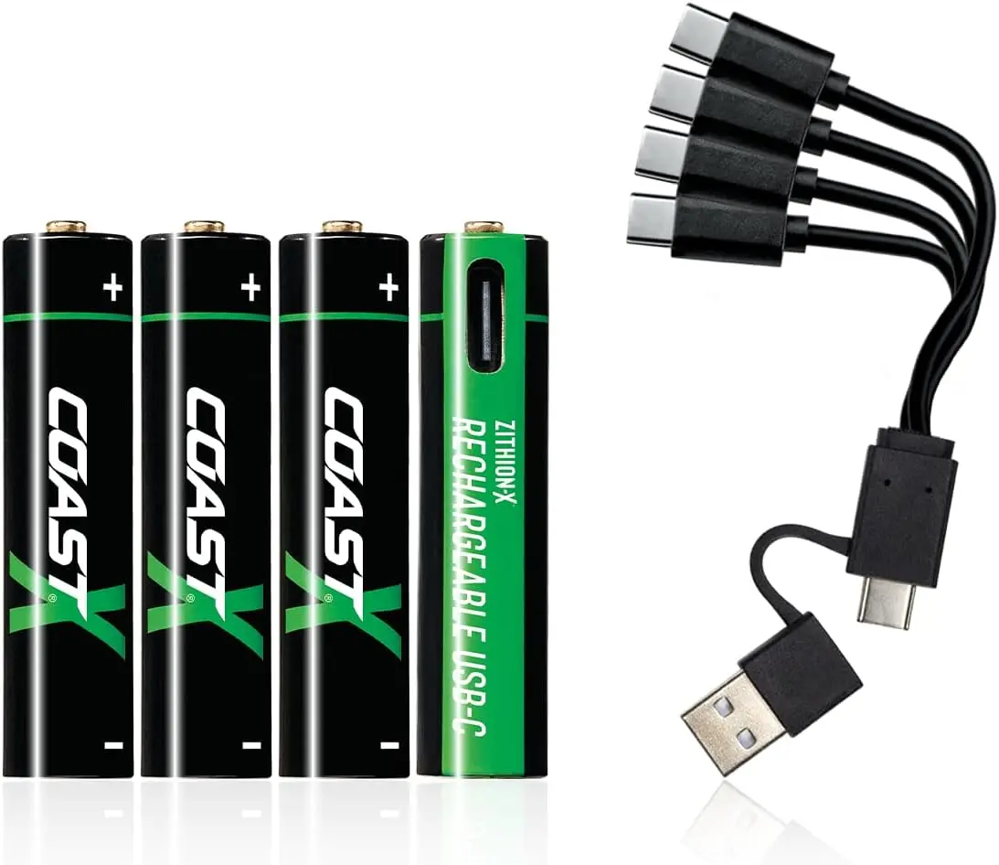 Coast USB-C Rechargeable Batteries, ZITHION-X, Lithium Ion 1.5v 750 mAh, Long Lasting, Charges Under 1.3 Hours, Charging Cable Included, 4-Battery Pack
