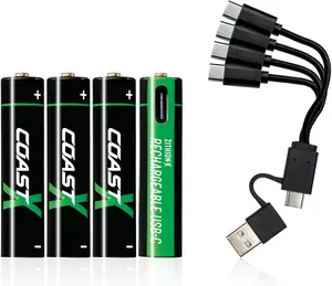 Coast USB-C Rechargeable Batteries, ZITHION-X, Lithium Ion 1.5v 750 mAh, Long Lasting, Charges Under 1.3 Hours, Charging Cable Included, 4-Battery Pack