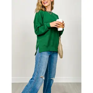 Cloudy Knit Round Neck Long Sleeve Top with Hi-Lo Hem