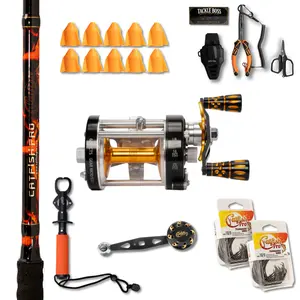 Catfish Pro Black Dragon Fire Ultimate 50PC Fishing Bundle 7'6" Aluminum Reel Seat Stainless-Steel Guides Rod 5.3:1 Ratio 600CTS Reel Combo 10/0 Hooks Lip Grips Pliers Tackle Kit