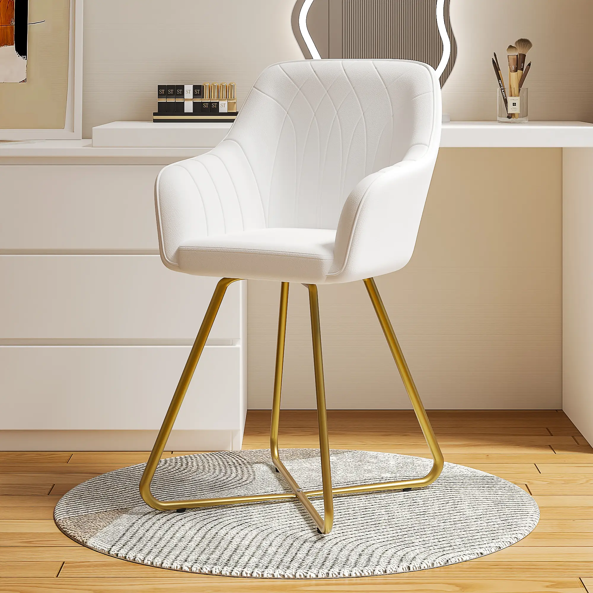 VECELO Vanity Chair with Backrest, Modern Faux Leather Makeup Chair, Upholstered Accent Armchair, Small Desk Chair for Bedroom, Living Room, Makeup Room, Office