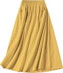 Women'S Cotton Linen Midi Skirt with Pockets Casual Flowy Swing Elastic High Waist A-Line Long Boho Skirts