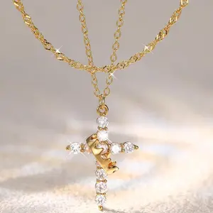 Milacolato Women's 2-Piece 14 Karat Plated Stainless Steel Cross Set with Cubic Zirconia Pendants, Adjustable Layered Waterproof Gold/Silver Chains, Necklaces for Women summerwins