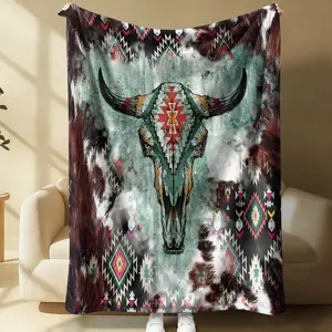 Vintage Navajo Bull Head Print Flannel Blanket, Mottled Tones, Fur Texture & a Bull Skull, Soft Warm Lightweight, Ideal for Sofa Bed Decor Office Nap Throw Travel Camping Cover, Western Cowboy Gift
