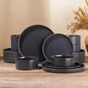 Ceramic Dinnerware Sets of 4, High Edge Stoneware Plates and Bowls Set, Chip and Crack Resistant | Oven & Dishwasher & Microwave Safe Dishes Set, Service for 4 -Ashen