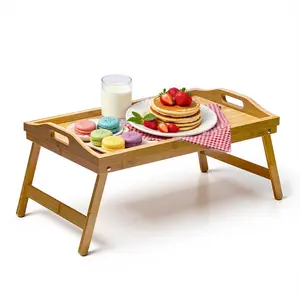 Bed Tray Table, Breakfast Tray with Folding Legs and Handles, Multipurpose Laptop Desk, Platters Bamboo Serving for Kitchen, Sofa, Bedroom
