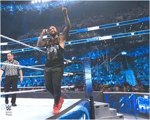 Jimmy Uso WWE Autographed 16" x 20" On Ring Apron 1's Up Photograph - Fanatics Authentic Certified