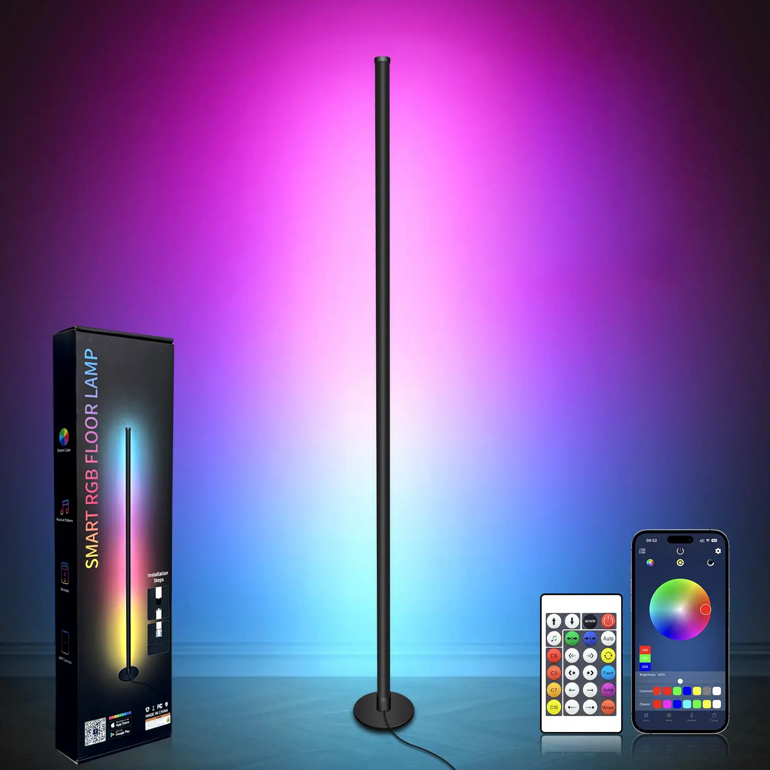 Smart RGB Corner Floor Lamp – App + Remote, 16M Colors, 68+ Scenes, Music Sync – Living Room, Bedroom, Gaming