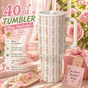 1 Pc 40oz floral stripe design, double wall vacuum cup with handle, leak-proof lid, keeps hot for 12 hours cold for 24 hours, large capacity for hot cold drinks, perfect for Mother’s Day, Valentine’s Day, holiday gift for women, elegant aesth
