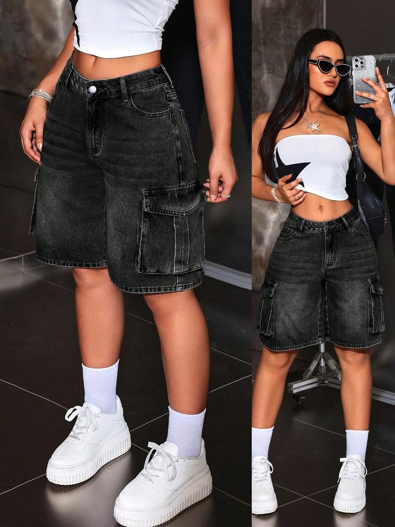 Y2K Denim Jorts Women Low-Waisted Wide-Leg Cargo Bermuda Shorts with Functional Pockets Vintage Washed Denim for Summer Streetwear Fashion