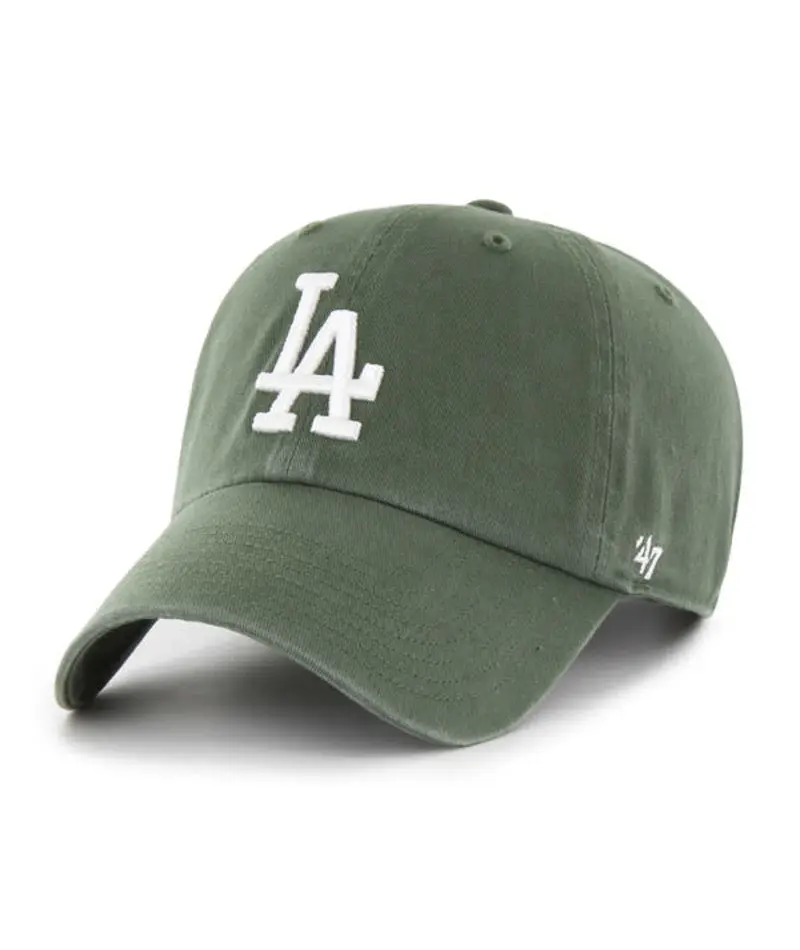 '47 LA Dodgers Moss Green Clean Up Baseball Cap, Casual Outfits Cap with Cotton Twill Fabric, Raised Logo, Curved Brim, Garment Wash Finish