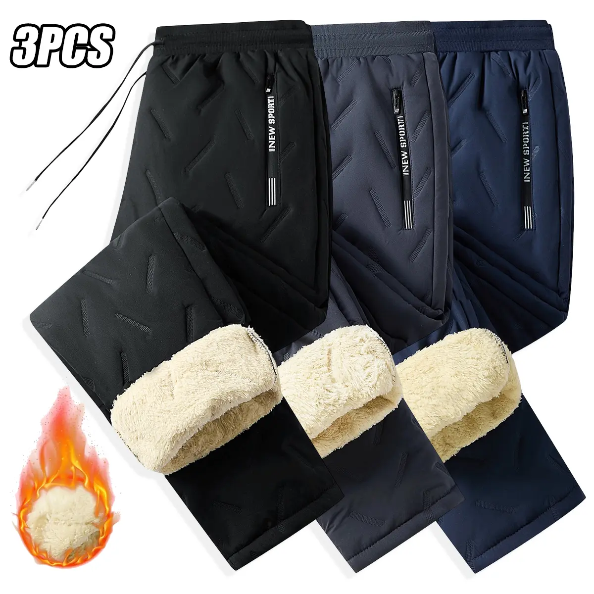 Men's 3PCS Fleece-Lined Warm Winter Windproof Pants, Polyester Shell Mid Waist Basic Look Trousers with Elastic Drawstring, Zip Pockets Thermal Casual Pants for Outdoor Daily Wear