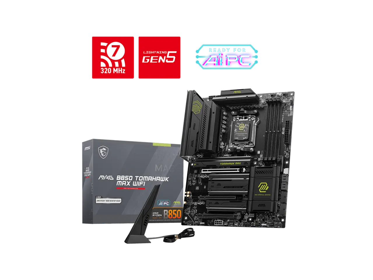 MSI MAG B850 TOMAHAWK MAX WIFI Motherboard, ATX - Supports AMD Ryzen 9000 / 8000 / 7000 Processors, AM5 - 80A SPS VRM, DDR5 Memory Boost 8400+ MT/s (OC), PCIe 5.0 x16, M.2 Gen5, Wi-Fi 7, 5G LAN