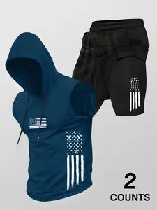 Men's Fashion 2-Piece Set, Flag Series Print Hooded Sleeveless Vest Top and Drawstring Waist Basketball Shorts, Athletic Sports Clothing, Summer Outdoor Sports Wear
