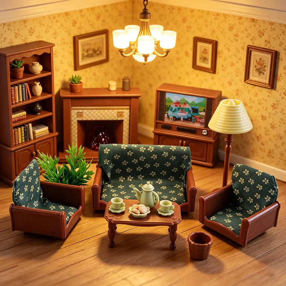 Dollhouse Living Room Pretend Play Furniture Playset - Includes TV, Sofa, Fireplace, Afternoon Tea Utensils - Kids' Birthday, Christmas Gift
