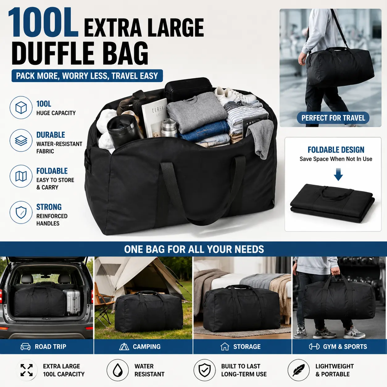 100L Extra Large Duffle Bag for Travel, Foldable Storage Duffel Bag for Men, Weekender Bag for Camping, Sports and Overnight Trips Travel Duffle Bags Travel Duffels Hiking Camping Bags Travel Luggage Portable Travel Bag