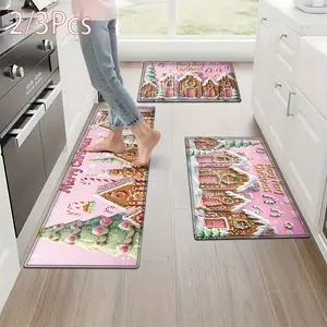 1/ 2/ 3pcs Christmas, gingerbread house, gingerbread man, candy, Christmas tree "Merry Christmas" snowflakes, pink background, sweet and dreamy cartoon style Flannel Soft Kitchen Rugs Non Slip Washable, Throw Rug, Non-Skid Runner Rug, Floor Mat, Door