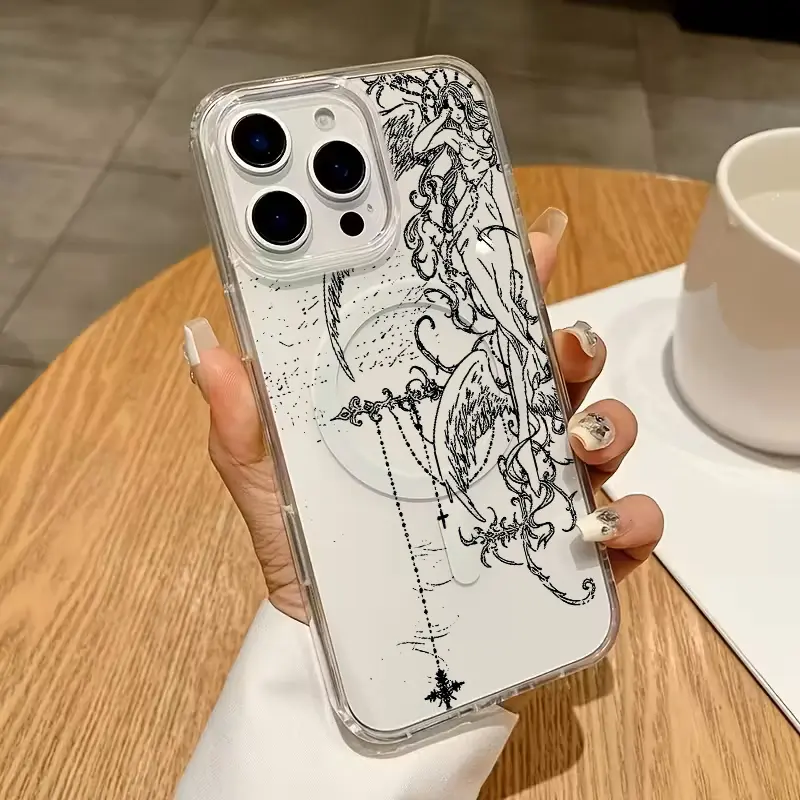 Transparent Anti-Impact TPU Phone Case with Black & White Angel Line Illustration, Magnetic Charging Compatible, for iPhone 17/16/15/14/13/12/11 Pro Max Plus Air, Phone Accessories, Halloween Gift Option