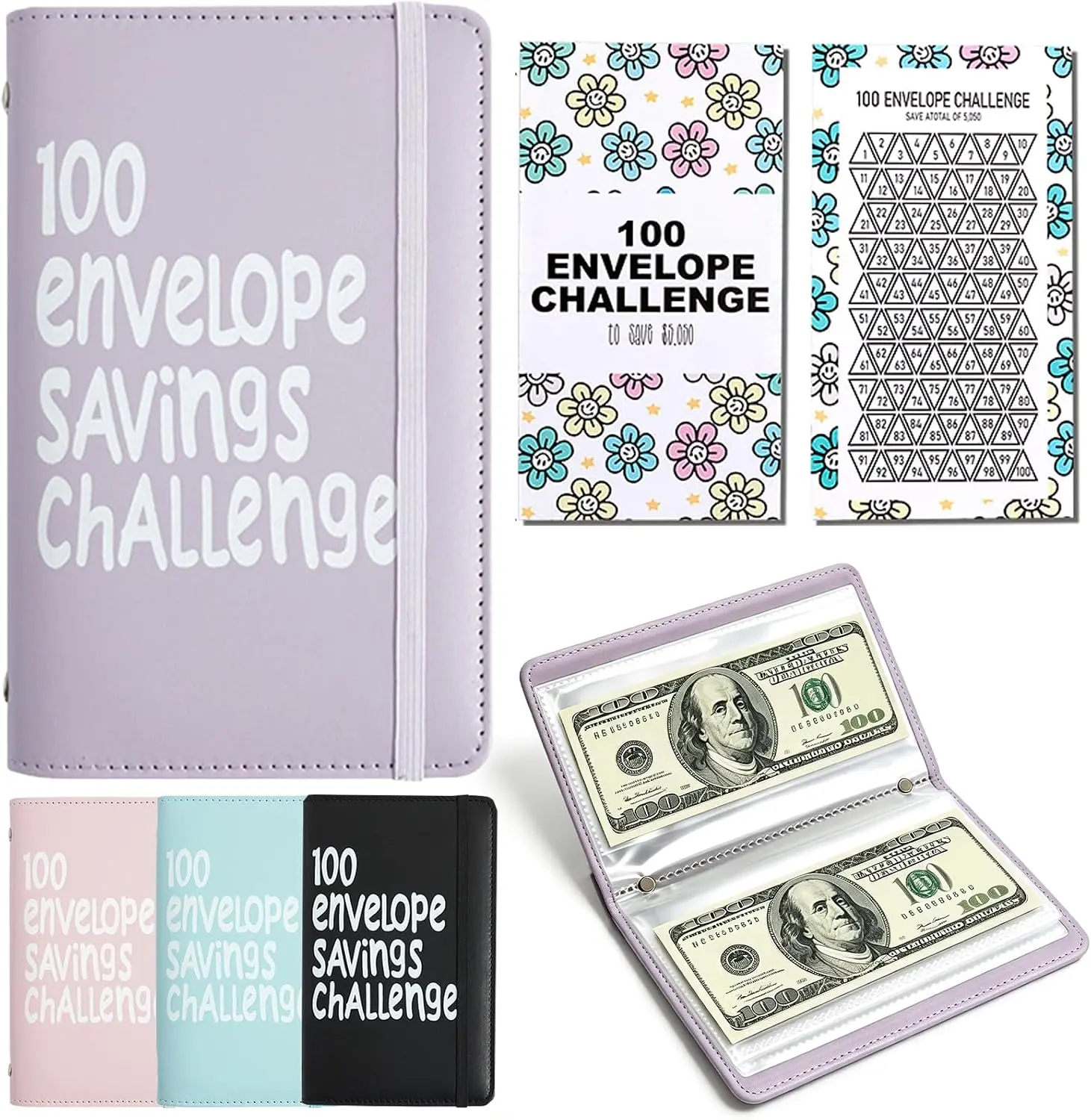 Reusable PU Leather Rectangular Budget Binder Saving Tool, Portable Office Organiser with 100 Transparent Cash Envelopes for Families, 10000 or 5050 Dollar Savings Challenge Solution (Purple)